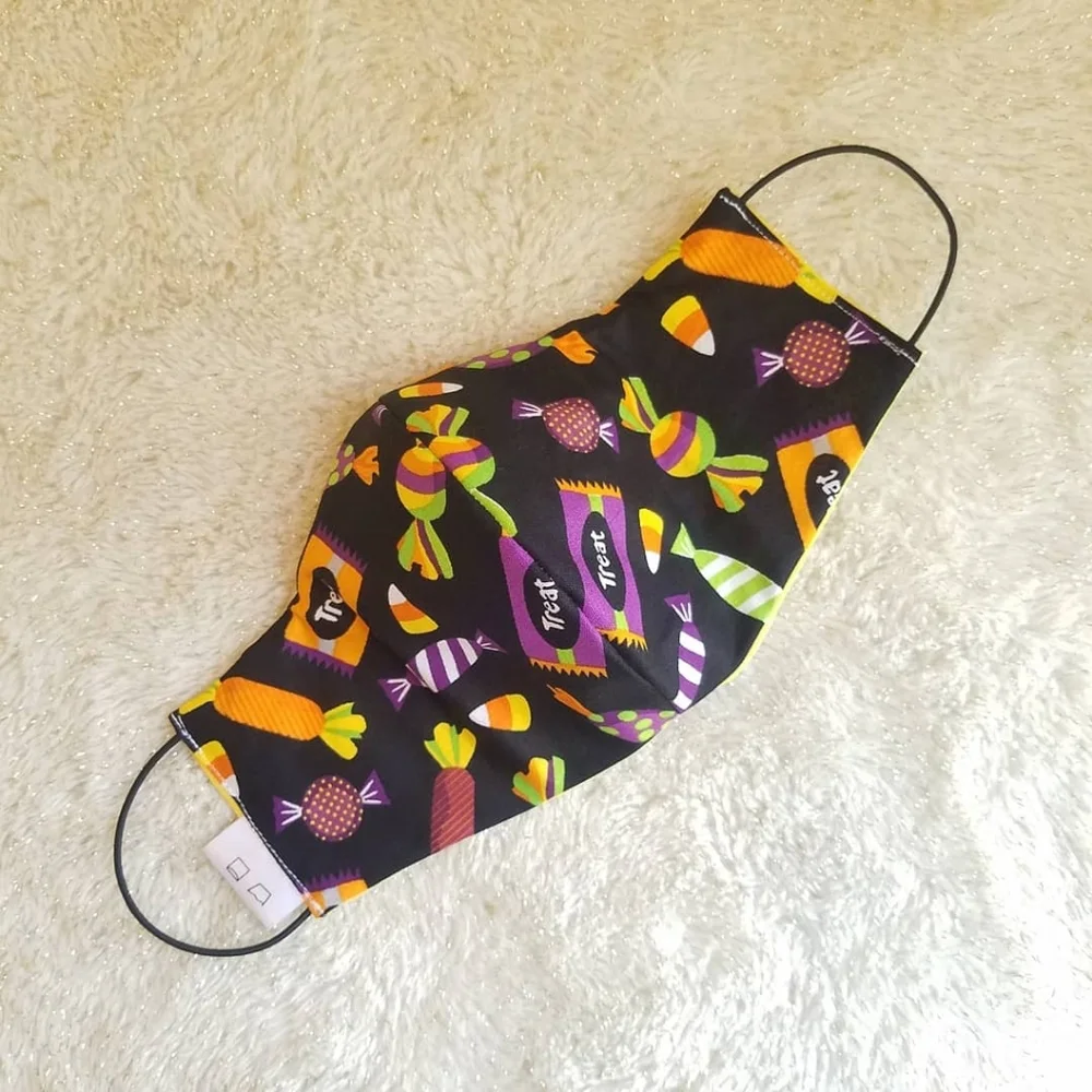 Handmade Ladies Reversible Face Mask Black Yellow Halloween Candy Sugar Skull